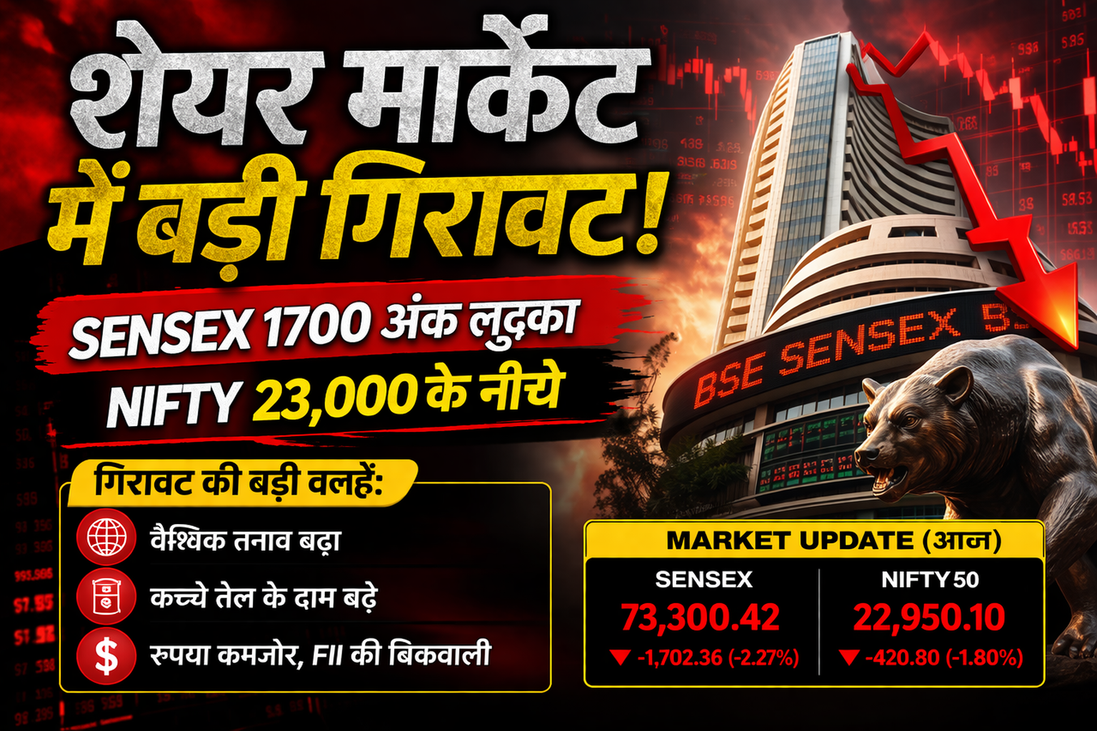 Share Market में बड़ी गिरावट: Sensex 1700 अंक लुढ़का, Nifty 23,000 के नीचे — जानिए बाजार क्यों टूटा